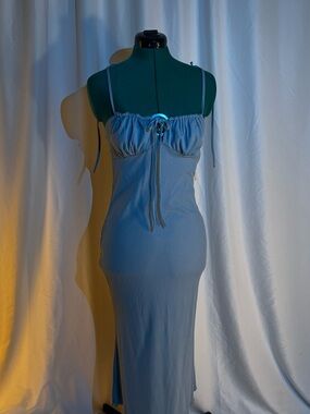 Sleek Light Blue Spaghetti Strap Ribbed Midi Dress